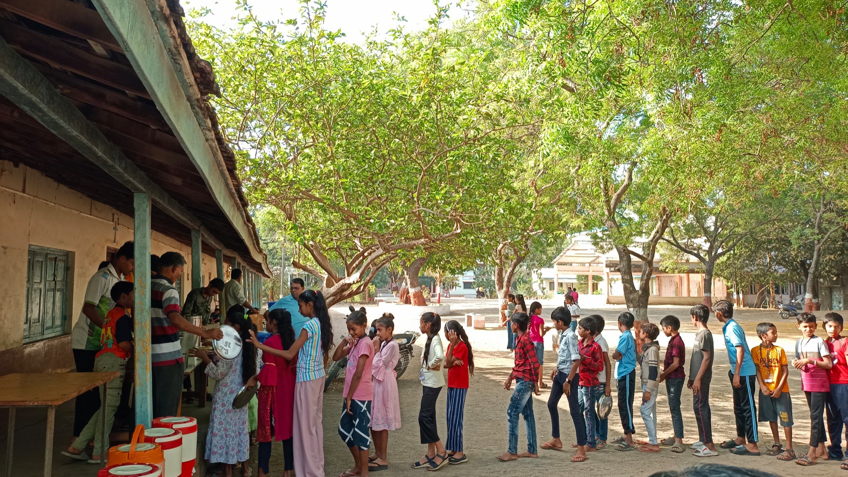 Children line up under the trees